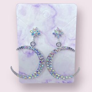 Moon Iridescent Rhinestone Crystal Post Drop Earrings
